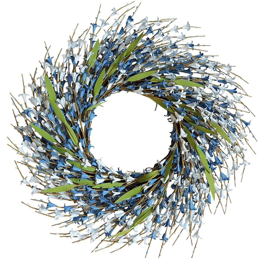Idyllic 22 Inch Artificial Blue Forsythia Floral Wreath for Front Door, Windo…