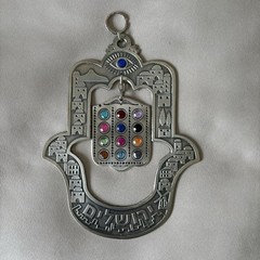 Pewter Hamsa Israeli Made Plaque w/ Gemstones Good Luck Blessing Wall Decor