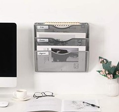 Hanging Wall File Organizer, 3 Pocket Wall Mounted Mail 3 Tier Silver