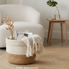 Handmade Jute & Cotton Storage Basket Natural Woven bathroom, kids Home Decor