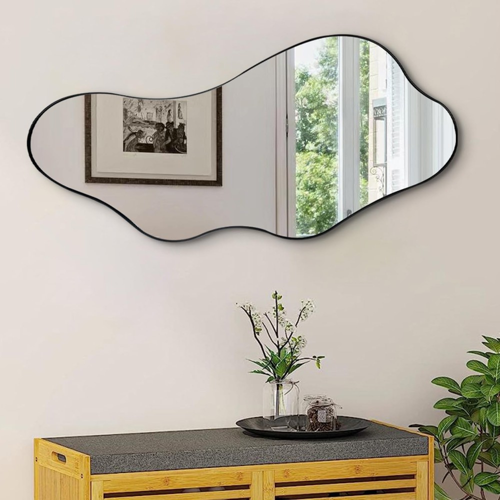 Irregular Wall Mirror, 40″x18″ Asymmetrical Mirror with Metal Frame, Modern O…