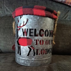 Rustic Galvanized Metal Basket w/Buffalo Plaid Liner Cabin Deer Lodge Welcome