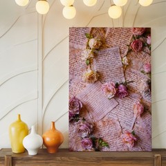 Vintage Handwritten Letters With Pink And White Roses Floral Canvas Wall Art