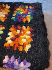 VTG Handmade Crochet Granny Square Afghan Throw Blanket Multicolor Black Border