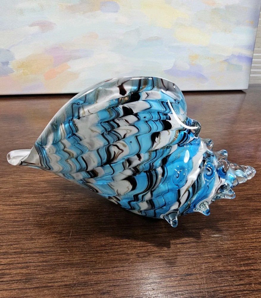 Hand Blown Glass Shell Decoration, Modern Art Glass Conch Statue Blue and White