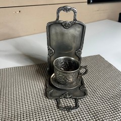 Vintage Silver Tone Ornate Teacup and Saucer Metal Bookends Floral Decorative