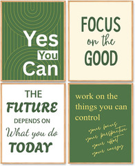 Inspirational Quote Wall Art Set of 4, Green White Motivational Artwork Poster P