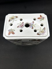 Vintage Porcelain Brick Rectangular Butterfly Vase With Flower Frog Hong Kong