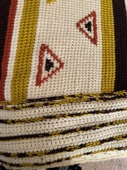 VTG Aztec Southwest Afghan Blanket Knitted Tan Beige Reversible Woven 78 X 56”