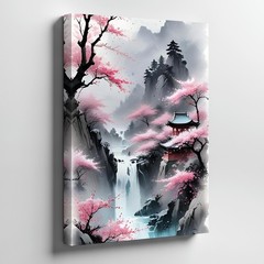 Cherry Blossom Waterfall Landscape Canvas Wall Art Asian Style Decorative Print