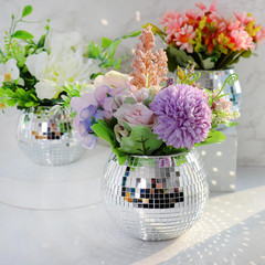 Disco Ball Planter Vase – Silver Mirror Glass Flower Pot for Events and Office
