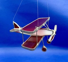 HANDMADE Lead Stained Glass Biplane Red & White Vintage