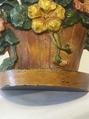 VTG Cast Iron Doorstop Bookend Orange Yellow Flowers in Barrel Cottage-core 7in