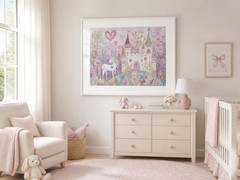 Unicorn Wall Art, Fairy Tale Nursery Print, Pink Fantasy Kids Room Decor