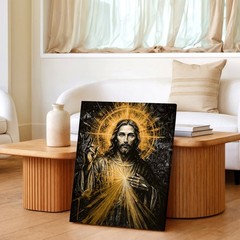 Wall Art Jesus Christ Sacred Heart Religious Canvas Print Gold Black Home Decor