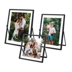Glass Picture Frame Set of 3, Black Simple Metal Geometric Photo Frame with G…