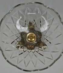 Vtg Mid Century Round Diamond Cut Glass Ornate Brass Pedestal 7” Bowl
