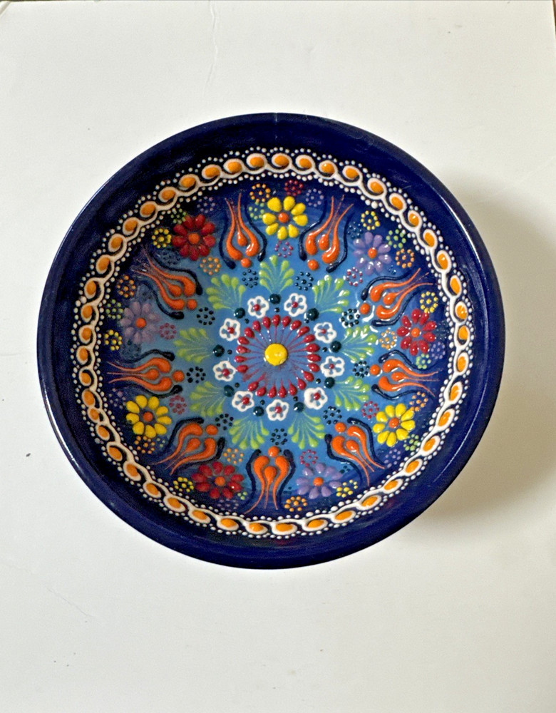 Traditional Turkish Iznik Handmade Ceramic Raised Flower Cobalt blue Bowl 5”x 2”