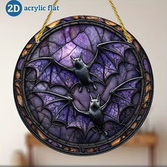 Two Black Bats Purple Night Sky Round Acrylic Suncatcher Window Gothic Decor