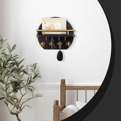 9.8 Inch Circular Wood Key Holder Wall Decor Shelf 8 Golden Hooks Black