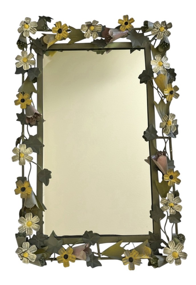 Vintage Tole Mirror Rectangular with Metal Floral and Vine Border
