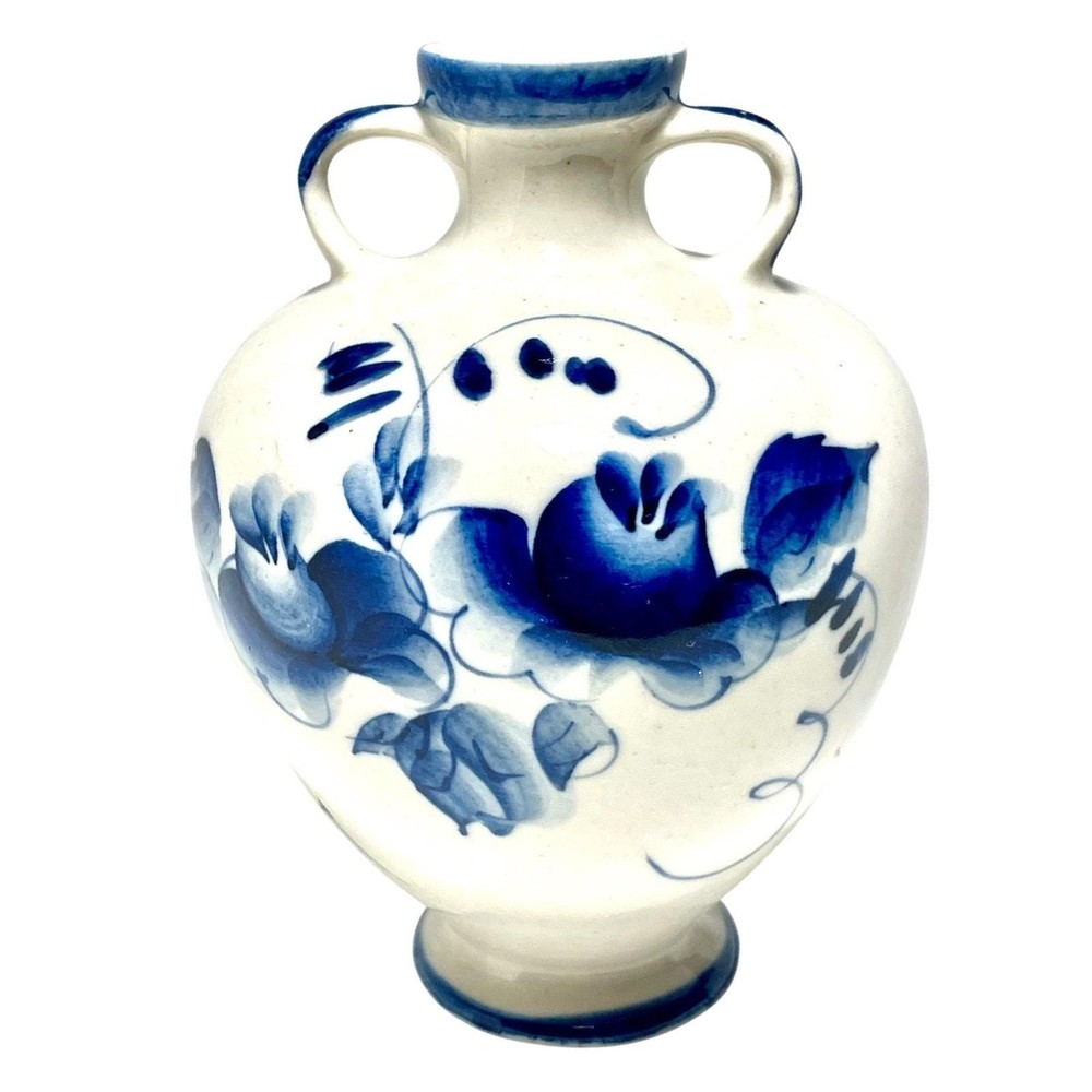 Vintage Russian Gzhel Blue & White Hand Painted Vase Floral Design USSR Marked