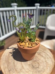 Tiny Beaded Forever Cactus in Terracotta Pot with Purple Flowers