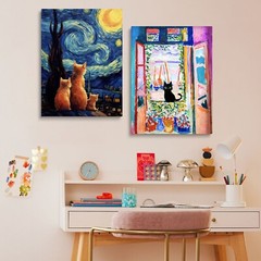 Van Gogh Starry Night Cat Wall Art Black Cat Poster Cat Floral Print Gift