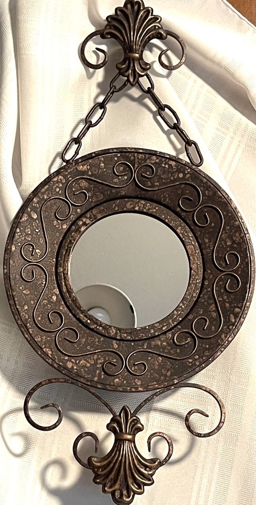 Decorative Wall Mirror Metal Scrollwork Bronze Tone Hanging Accent 20” Ornate