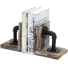 MyGift 1 Pair Industrial Style Pipe and Torched Wood Decorative Desktop Bookends