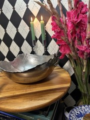 Large Sculptural Coastal Pewter Bowl| Silver-toned Centerpiece| Irregular Rim
