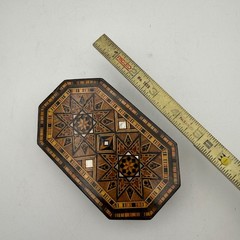 Vintage Marquetry Wood Inlay Jewelry Box Velvet Lined Silver Star Octagon 5.5in