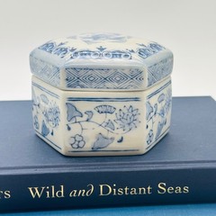 Blue and White Porcelain Hexagon Floral Trinket Box Chinoiserie Decor
