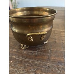 Vintage Solid Brass Footed Cauldron Pot with Handles Small Decorative Vessel