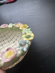 Belleek Basket Weave Bowl Woven Porcelain Rose Floral Border *Some Chips*