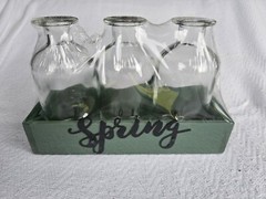 3 Glass Bottles And Wood Carrier With The Word Spring, Farmhouse Decorations