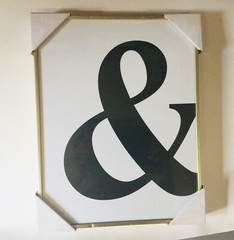 Wall Art Home Display Decor Gold Frame, White and Black Ampersand, Glass