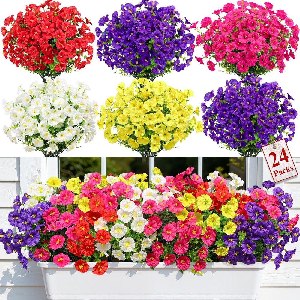 24 Bundles Artificial Flowers UV Resistant Silk Faux Petunia Morning Glory for G