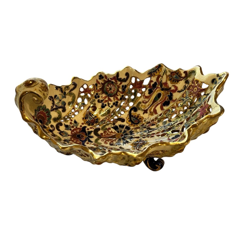 Antique Budapest Fischer Rare Ornate Gold Floral Pierced Footed Bowl