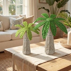 2 Pcs Weave Palm Tree Tabletop Decor, 9.8″ & 7″ Woven Rattan Palm Trees Tropical