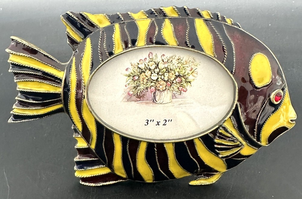 Enamel Jeweled Fish Oval Photo Picture Frame Colorful Tropical Salt Water