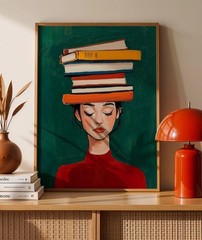 Book Lover Wall Art, Woman with Books on Head Print, Literary Decor