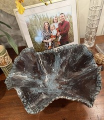 Handmade Large Blue Clay Decorative Wavy Asymmetrical Bowl Centerpiece-14” X 6”