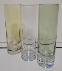 3 KROSNO CYLINDER VASES THICK BOTTOMS WITH BUBBLE YELLOW CLEAR GREEN 8 INCHES