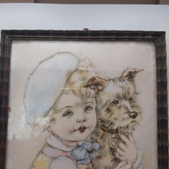Antique 1909 Illust. & Picture Frame Girl With Her Puppy Unique Letter On Back