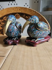 Set Of 2, 20th Century Chinese Cloisonne Enamel Pelicans With Wood Stand
