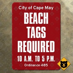 New Jersey Cape May Beach tags required guide sign Ocean City Wildwoods 10×14