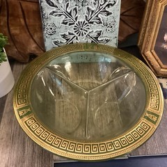 STUNNING ART DECO GREEN GLASS DIVIDED NIBBLES SERVING BOWL DISH Gold Key MCM