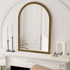 24 In. W X 35 In. H Gold Vintage Iron Arch Wall Mirror, Tabletop or Hanging Deco