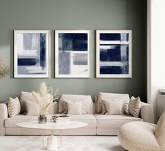 3Pcs Navy Blue Abstract Wall Art Blue Grey Neutral Modern Geometric Abstract Pai